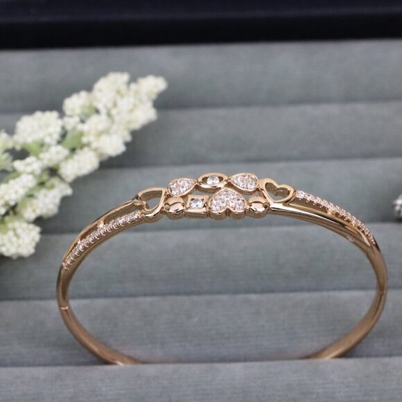 Rose Gold Heart Charm Bangle with Cubic Zirconia Accents, XPBL0602 - Picture 1 of 12